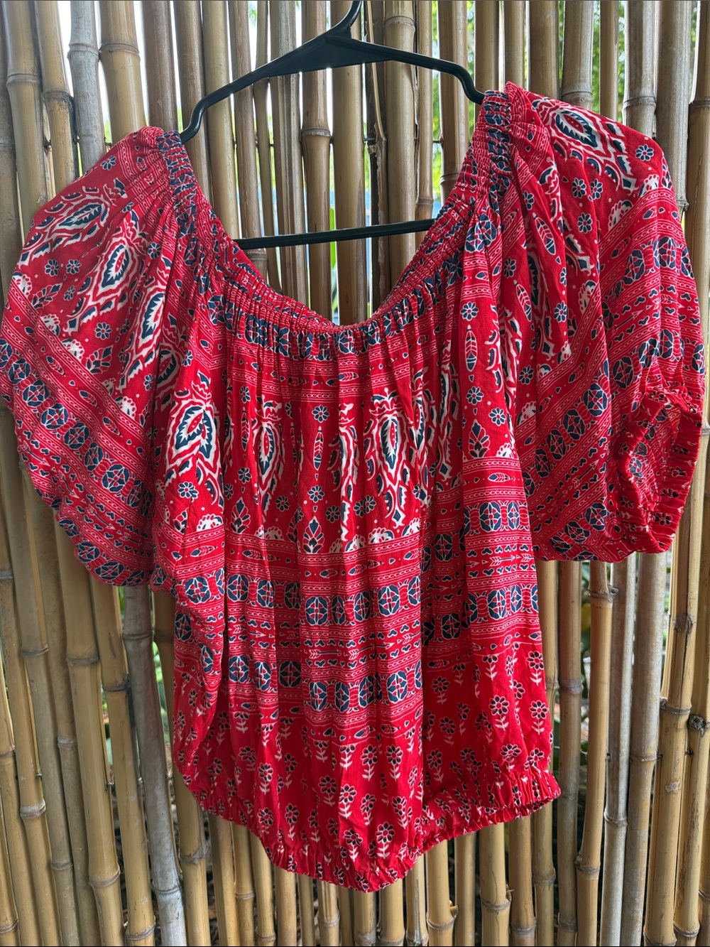 Spell Red Off-Shoulder Printed Peasant Top
